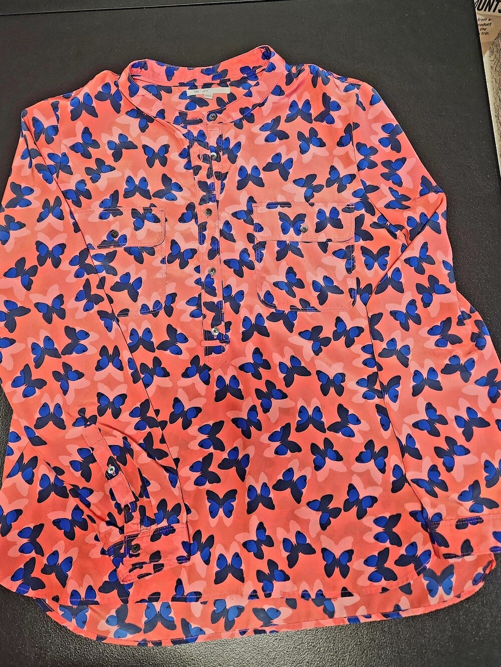 GAP Coral Blouse with Blue Butterfly Print